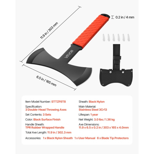 VEVOR 3 Pack Throwing Axes and Tomahawks, 11.9 in Double Bit Axe Hatchet Set, Stainless Steel Head, Non-Slip TPR Handle, with Black Nylon Sheath, for