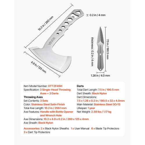 VEVOR 3 Pack Throwing Axes amd Tomahawks, Handle with Wrench and Bottle Opener, Stainless Steel, Black Nylon Sheath, for Recreation Competition