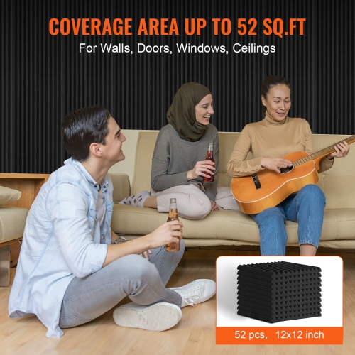 VEVOR 52 Pack Acoustic Foam Panels, 12 x 12 x 1 in, High Density Soundproof, Fire-Resistant Acoustic Panels, Sound Dampening Absorbing Panels for
