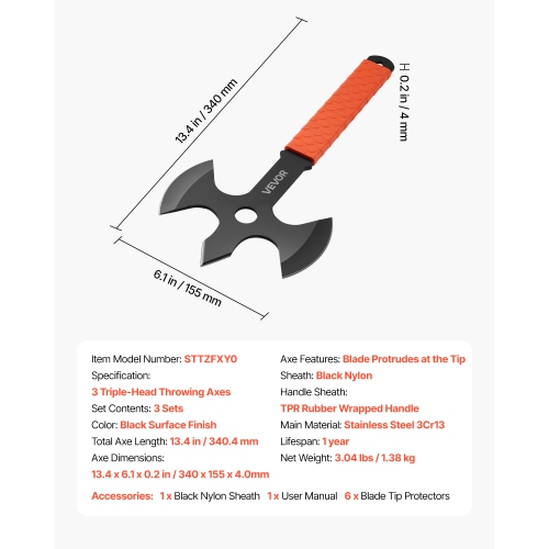 VEVOR 3 Pack Throwing Axes and Tomahawks, 13.4 in Triple Edge Hatchet Set, Stainless Steel Head, Non-Slip TPR Handle, with Black Nylon Sheath, for