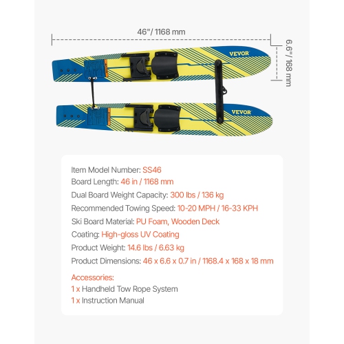 VEVOR 46 inch Water Skis, Water Ski Trainers with X-7 Adjustable Bindings, Double-Handle Rope & Removable Stabilizing Bar, Training Waterskis Combo