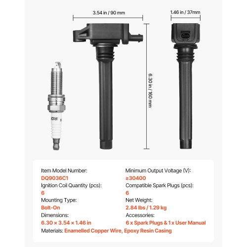 VEVOR 3.6L V6 Ignition Coil Pack and Spark Plugs, Set of 6, Compatible with Dodge Grand Caravan Avenger Challenger Jeep Cherokee Grand Cherokee