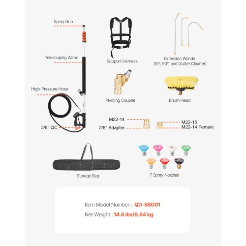 VEVOR 21 ft Pressure Washer Telescoping Wand, 4000 psi, with Power Washer Extension Wands, Gutter Cleaner, Brush Head, Pivoting Coupler, 7 Spray