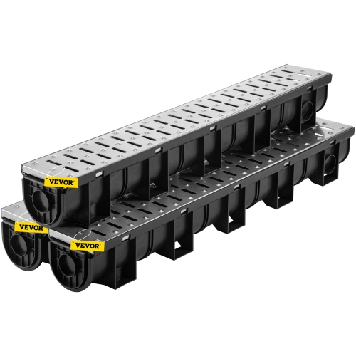 VEVOR 5.9x5.1 in Trench Drain System, with Metal Grate, HDPE Drainage Trench, Black Garage Floor Drain, 3x39 Trench Drain Grate, with 3 End Caps, for