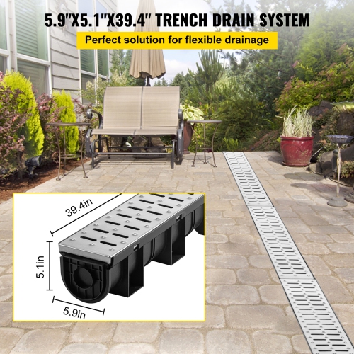 VEVOR 5.9x5.1 in Trench Drain System, with Metal Grate, HDPE Drainage Trench, Black Garage Floor Drain, 3x39 Trench Drain Grate, with 3 End Caps, for