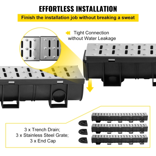 VEVOR 5.9x5.1 in Trench Drain System, with Metal Grate, HDPE Drainage Trench, Black Garage Floor Drain, 3x39 Trench Drain Grate, with 3 End Caps, for