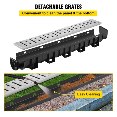 VEVOR 5.9x5.1 in Trench Drain System, with Metal Grate, HDPE Drainage Trench, Black Garage Floor Drain, 3x39 Trench Drain Grate, with 3 End Caps, for