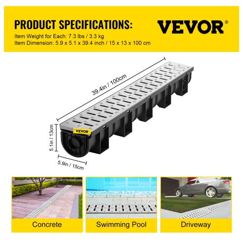 VEVOR 5.9x5.1 in Trench Drain System, with Metal Grate, HDPE Drainage Trench, Black Garage Floor Drain, 3x39 Trench Drain Grate, with 3 End Caps, for