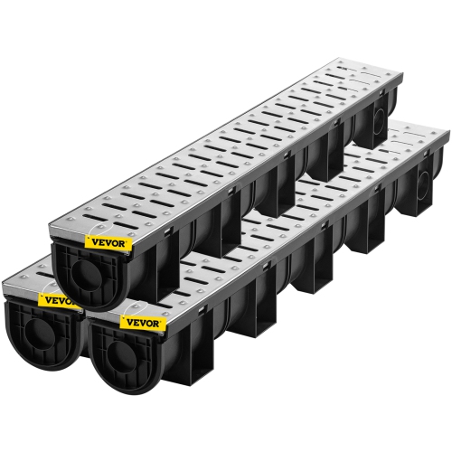 VEVOR 5.9x5.1 in Trench Drain System, with Metal Grate, HDPE Drainage Trench, Black Garage Floor Drain, 3x39 Trench Drain Grate, with 3 End Caps, for