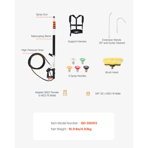 VEVOR 18 ft Pressure Washer Telescoping Wand, 4000 psi, with Power Washer Extension Wands, Gutter Cleaner, Brush Head, 5 Spray Nozzle Tips, Adapter