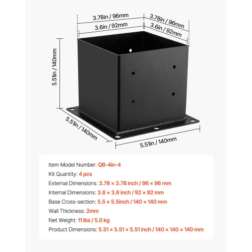 VEVOR 4x4 Post Base 4 Pcs, Inner Size 3.6x3.6 inch / 92x92 mm Post Brackets, Heavy Duty Carbon Steel Decking Posts, Wood Posts Brackets for Pavilion