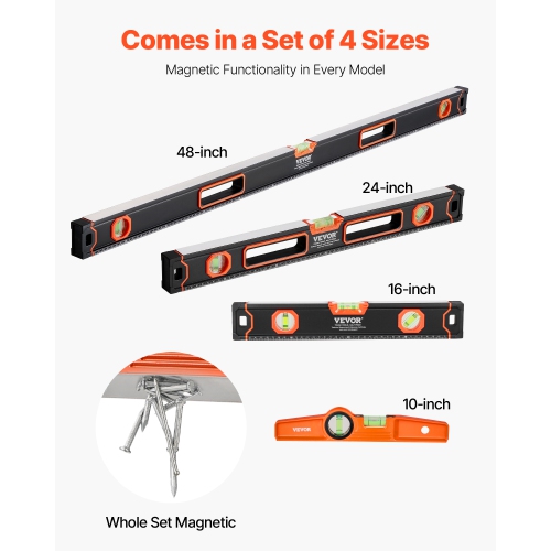 VEVOR 4-Piece Torpedo Level, 48/24/16/10 Inch All Magnetic Levels Set, Fluorescent Light Up Bubble Vials Ruler for 45/90/180 Degree, Aluminum Alloy