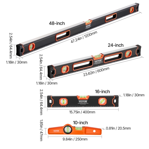 VEVOR 4-Piece Torpedo Level, 48/24/16/10 Inch All Magnetic Levels Set, Fluorescent Light Up Bubble Vials Ruler for 45/90/180 Degree, Aluminum Alloy