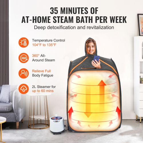 VEVOR Portable Personal Steam Sauna Spa Tent with 1200 Watt Steam Generator, with Chair & Storage Bag, Home Therapeutic Sauna Blanket for Time &
