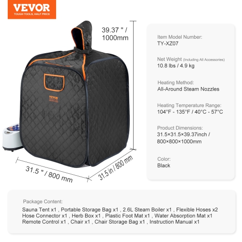 VEVOR Portable Personal Steam Sauna Spa Tent with 1200 Watt Steam Generator, with Chair & Storage Bag, Home Therapeutic Sauna Blanket for Time &