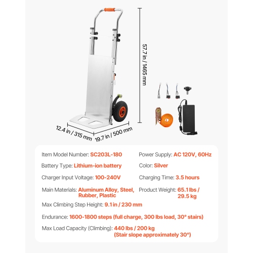 VEVOR 440lbs Electric Stair Climbing Dolly, Electric Stair Climbing Hand Trucks with 157.5in Rope & Extendable Handle, Heavy Duty Stair Climber for