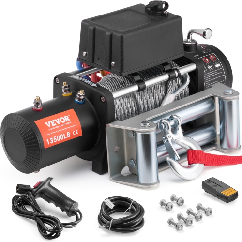 VEVOR 13,500 lb Electric Winch, 12V DC Truck Winch with Φ3/8 in x 80 ft Steel Cable Roller Fairlead Wireless & Wired Remote Control, IP55 Waterproof