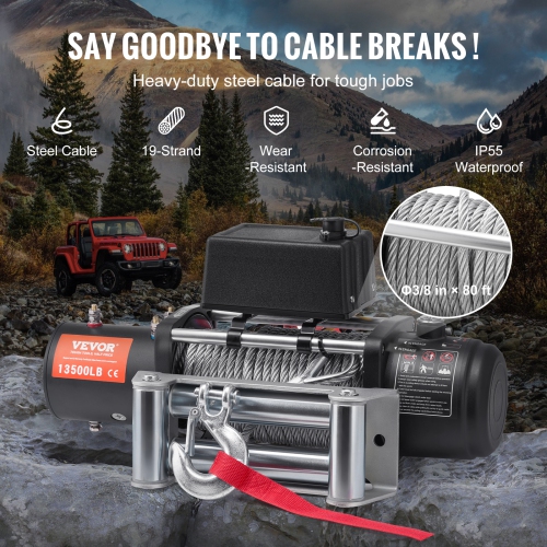 VEVOR 13,500 lb Electric Winch, 12V DC Truck Winch with Φ3/8 in x 80 ft Steel Cable Roller Fairlead Wireless & Wired Remote Control, IP55 Waterproof