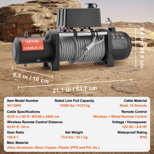 VEVOR 13,500 lb Electric Winch, 12V DC Truck Winch with Φ3/8 in x 80 ft Steel Cable Roller Fairlead Wireless & Wired Remote Control, IP55 Waterproof