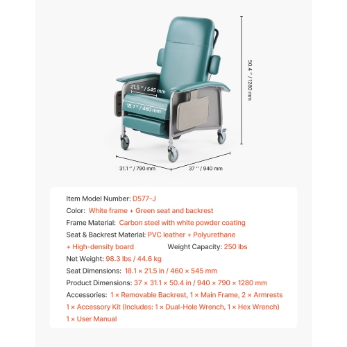 VEVOR 4-Position Geri Chair Recliner, Reclining Geri Chair, Trendelenburg Medical Recliner Chair with 4 Wheels, Soft Padded Seat & 2 Trays for