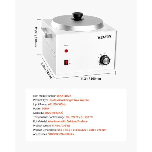 VEVOR 3000ML Single Pot Wax Warmer, 300W Professional Wax Warmer for Hair Removal, 32 ℉ - 212℉ Adjustable Electric Waxing Heater with 100PCS Waxing