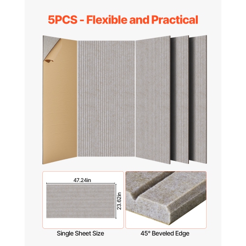 VEVOR 5 Pack Acoustic Panels with Self Adhesive, 47.2 x 23.6 x 0.4 inch Sound Proof Foam Panels, Polyester Fiber Soundproof Wall Panels High Density,