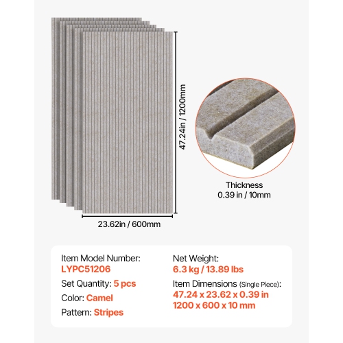 VEVOR 5 Pack Acoustic Panels with Self Adhesive, 47.2 x 23.6 x 0.4 inch Sound Proof Foam Panels, Polyester Fiber Soundproof Wall Panels High Density,