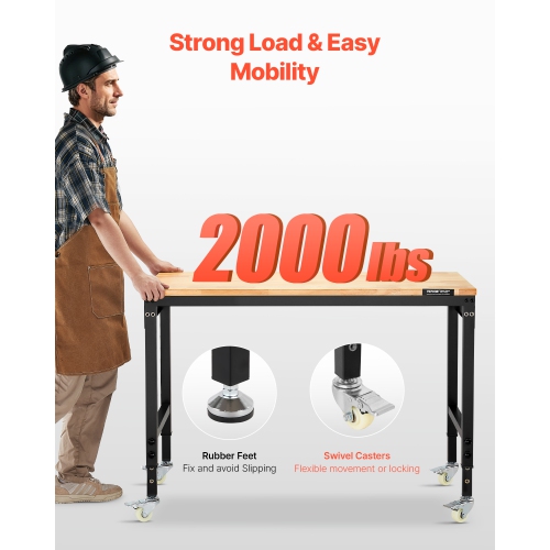 VEVOR 48-Inch Adjustable Workbench, 2000 lbs Load, Work Bench with Power Outlet, Wheels, and Pegboard, Heavy Duty Oak Wood Top Work Table for Garage,