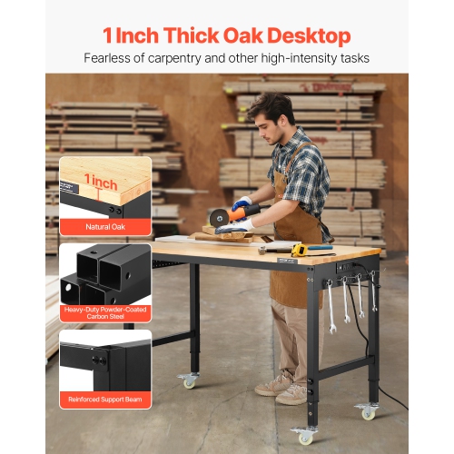 VEVOR 48-Inch Adjustable Workbench, 2000 lbs Load, Work Bench with Power Outlet, Wheels, and Pegboard, Heavy Duty Oak Wood Top Work Table for Garage,