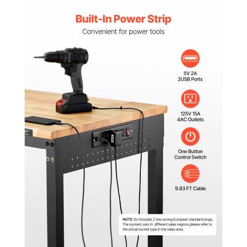VEVOR 48-Inch Adjustable Workbench, 2000 lbs Load, Work Bench with Power Outlet, Wheels, and Pegboard, Heavy Duty Oak Wood Top Work Table for Garage,