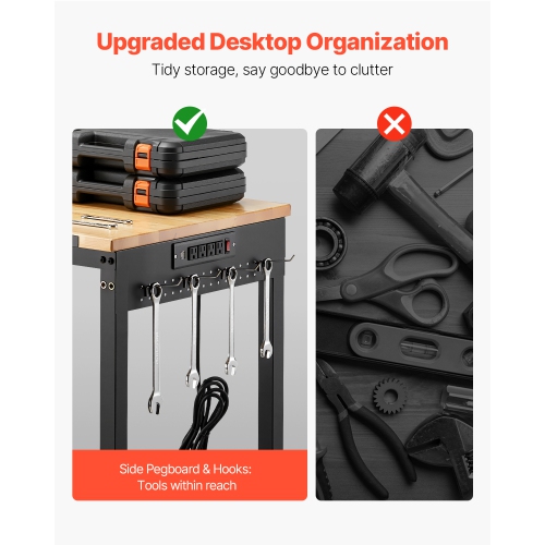 VEVOR 48-Inch Adjustable Workbench, 2000 lbs Load, Work Bench with Power Outlet, Wheels, and Pegboard, Heavy Duty Oak Wood Top Work Table for Garage,