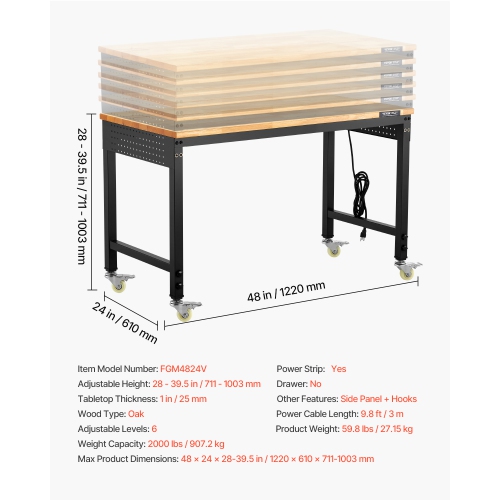 VEVOR 48-Inch Adjustable Workbench, 2000 lbs Load, Work Bench with Power Outlet, Wheels, and Pegboard, Heavy Duty Oak Wood Top Work Table for Garage,