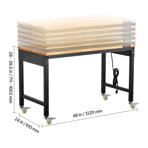 VEVOR 48-Inch Adjustable Workbench, 2000 lbs Load, Work Bench with Power Outlet, Wheels, and Pegboard, Heavy Duty Oak Wood Top Work Table for Garage,