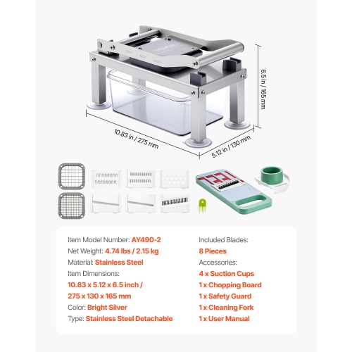 VEVOR Vegetable Chopper Mandoline Slicer, All-in-1 Food Cutter w/8 Stainless Steel Blades, Cheese Grater, Onion/Potato Dicer w/Container, Kitchen