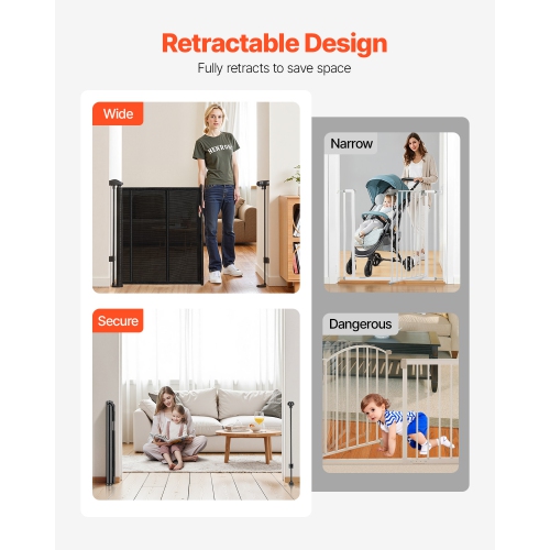 VEVOR 34 inch Tall Retractable Baby Gate, Extends up to 71 inch Wide, for Kids or Pets, Mesh Material, Easy to Install for Indoor Stairs, Doorways,