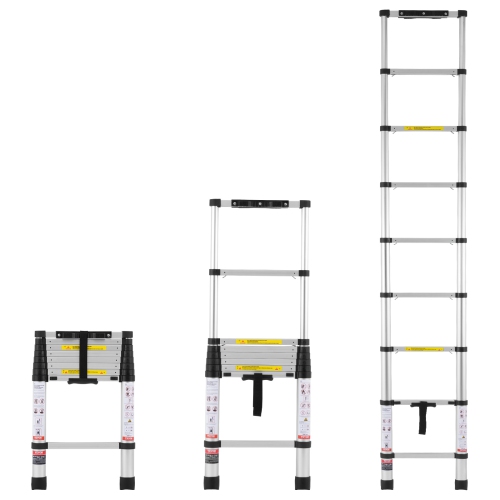 VEVOR 8.5FT Telescoping Ladder, Aluminum Lightweight Extension Ladder with One-Button Retraction, 375 LBS Capacity with Non-slip Feet, Portable