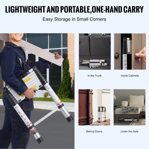 VEVOR 8.5FT Telescoping Ladder, Aluminum Lightweight Extension Ladder with One-Button Retraction, 375 LBS Capacity with Non-slip Feet, Portable