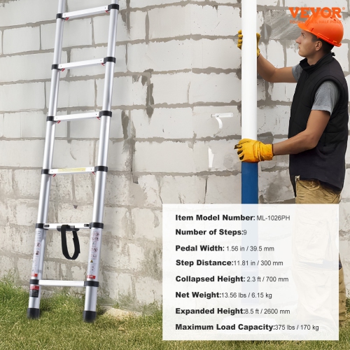 VEVOR 8.5FT Telescoping Ladder, Aluminum Lightweight Extension Ladder with One-Button Retraction, 375 LBS Capacity with Non-slip Feet, Portable