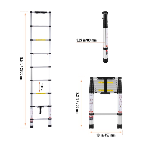 VEVOR 8.5FT Telescoping Ladder, Aluminum Lightweight Extension Ladder with One-Button Retraction, 375 LBS Capacity with Non-slip Feet, Portable