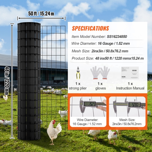 VEVOR 48'' x 50' Hardware Cloth, Galvanized Wire Mesh Roll, 16 Gauge Chicken Wire Fence Roll, Vinyl Coating Metal Wire Mesh for Chicken Coop Barrier,