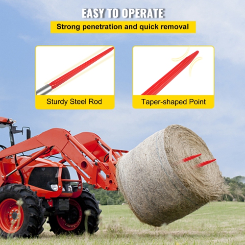 VEVOR 32" Hay Spear Bale Spear 1350 lbs Capacity, Bale Spike Quick Attach Square Hay Bale Spears 1.4" Wide, Red Coated Bale Forks, Bale Hay Spike