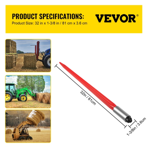 VEVOR 32" Hay Spear Bale Spear 1350 lbs Capacity, Bale Spike Quick Attach Square Hay Bale Spears 1.4" Wide, Red Coated Bale Forks, Bale Hay Spike