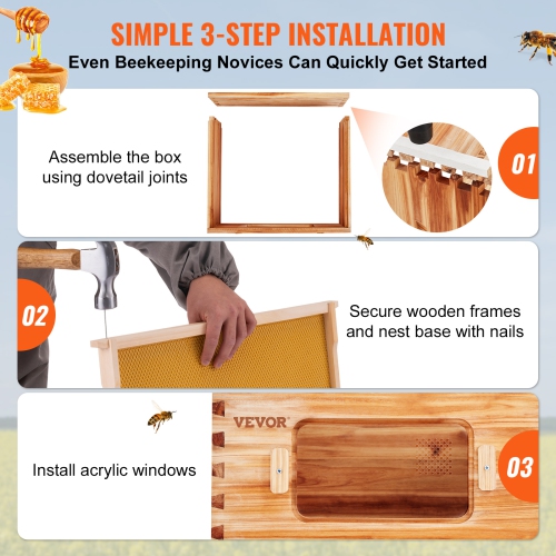VEVOR Bee Hive Medium Box Starter Kit, 100% Beeswax Coated Natural Cedar Wood, Langstroth Beehive Kit with 10 Frames and Foundations, Transparent