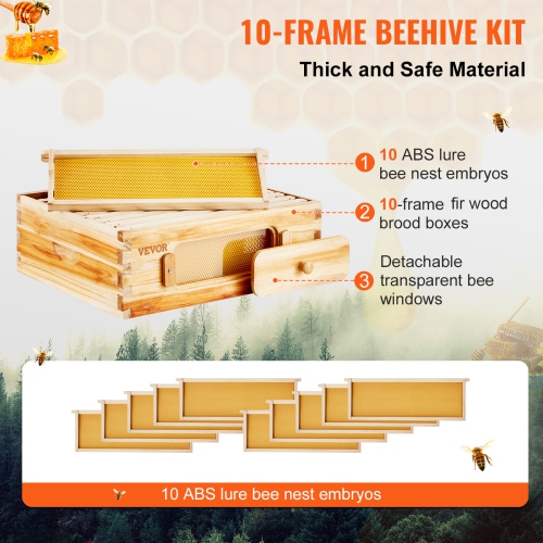 VEVOR Bee Hive Medium Box Starter Kit, 100% Beeswax Coated Natural Cedar Wood, Langstroth Beehive Kit with 10 Frames and Foundations, Transparent