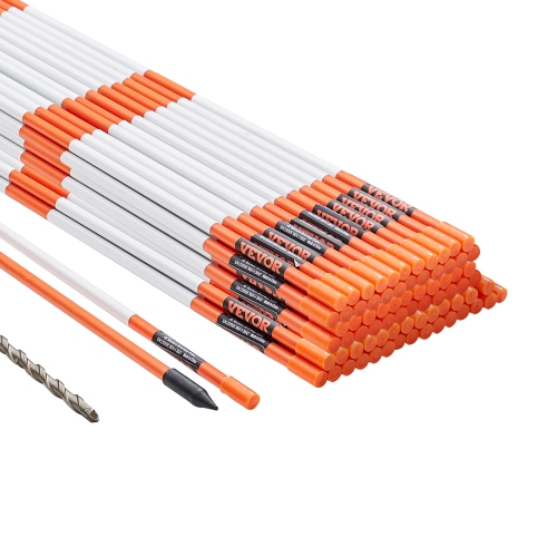 VEVOR 100PCS 48 inch Driveway Markers, 0.31 inch Diameter, Orange Fiberglass Poles Snow Stakes with Reflective Tape, 12" Steel Drill Bit & Protection