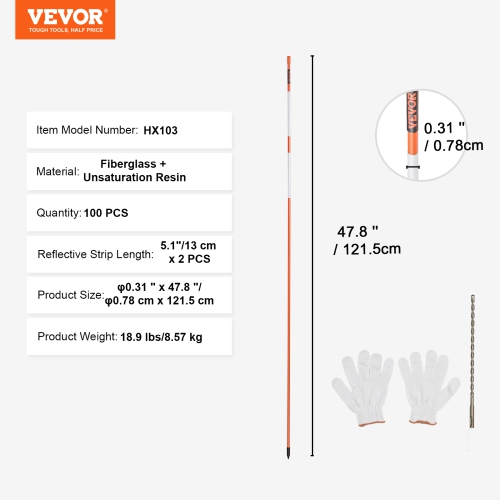 VEVOR 100PCS 48 inch Driveway Markers, 0.31 inch Diameter, Orange Fiberglass Poles Snow Stakes with Reflective Tape, 12" Steel Drill Bit & Protection