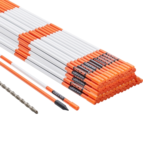 VEVOR 100PCS 48 inch Driveway Markers, 0.31 inch Diameter, Orange Fiberglass Poles Snow Stakes with Reflective Tape, 12" Steel Drill Bit & Protection