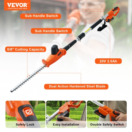 VEVOR 20V Cordless Hedge Trimmer, 18 inch Double-edged Steel Blade, Pole Hedge Trimmer Kit 20V Battery, Fast Charger Included, 74"-94" Telescoping