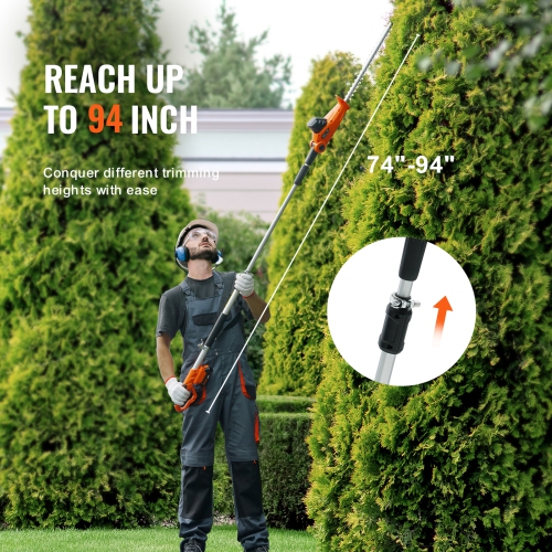 VEVOR 20V Cordless Hedge Trimmer, 18 inch Double-edged Steel Blade, Pole Hedge Trimmer Kit 20V Battery, Fast Charger Included, 74"-94" Telescoping