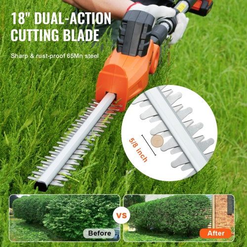 VEVOR 20V Cordless Hedge Trimmer, 18 inch Double-edged Steel Blade, Pole Hedge Trimmer Kit 20V Battery, Fast Charger Included, 74"-94" Telescoping